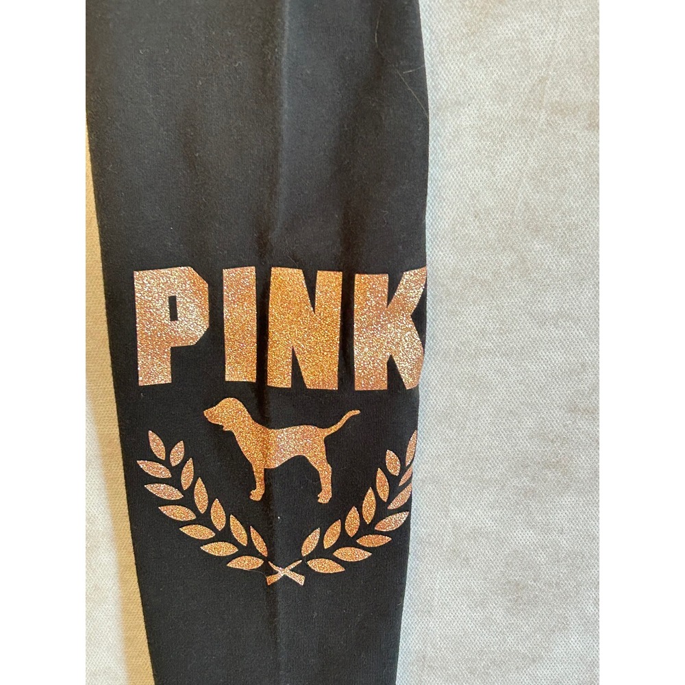 Victoria's Secret PINK Black Leggings Rose Gold Glitter Logo High Waist Medium